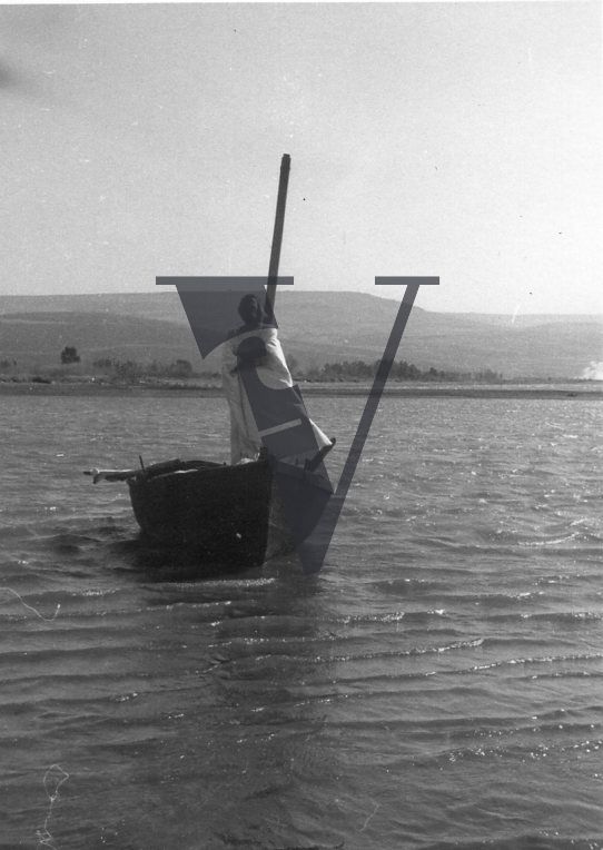 The Gospel Road, production stills, Robert Elfstrom, Jesus, in boat, long-shot.