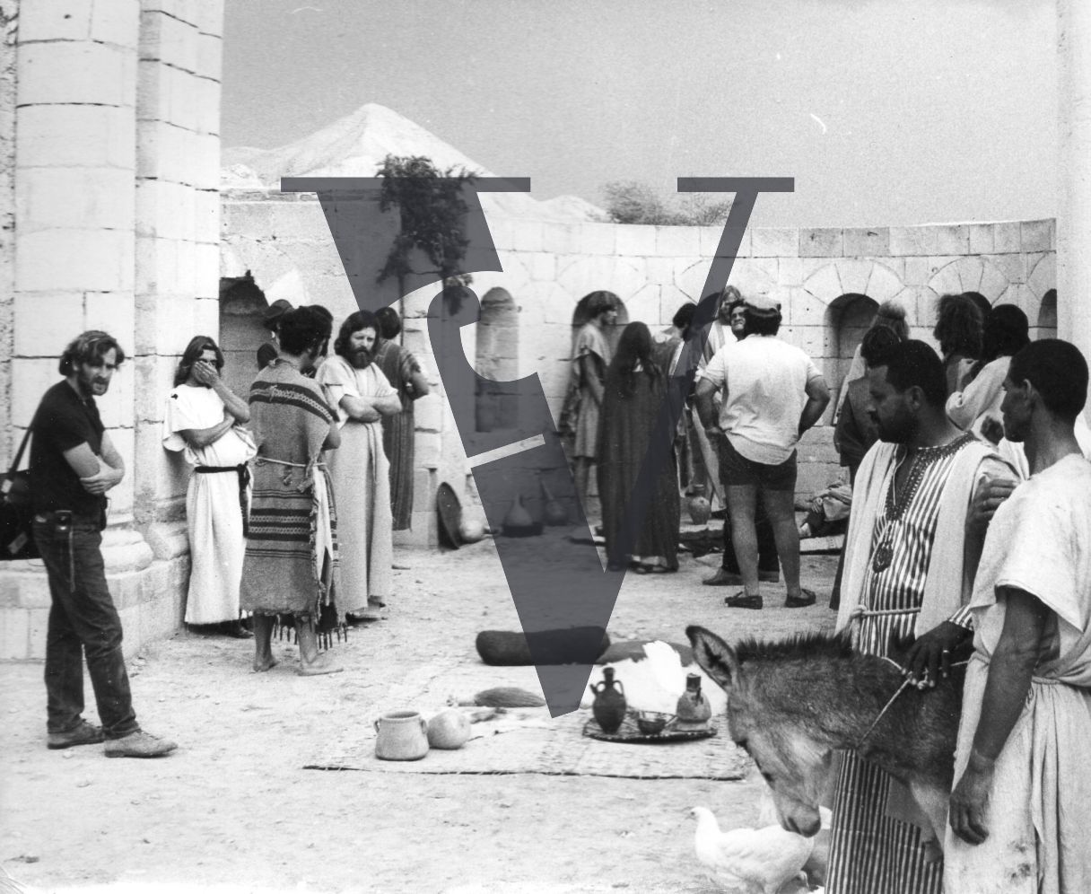 The Gospel Road, production stills, Johnny Cash, crew, Jesus in background.